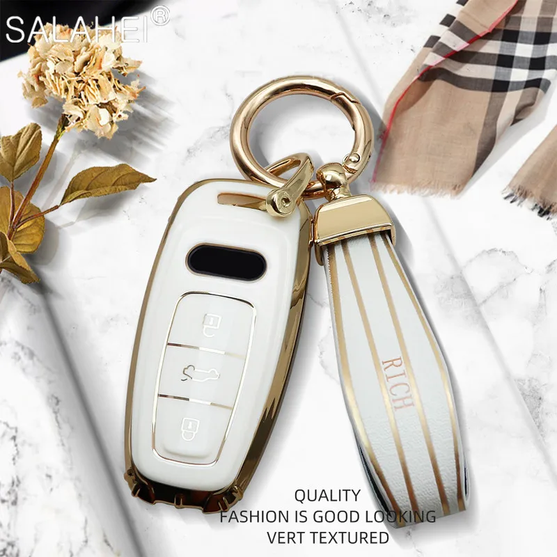 

New TPU Car Remote Key Case Cover Shell Fob For Audi A6 A7 A8 E-tron Q5 Q8 C8 D5 Gold Edge Design Holder Protector Accessories