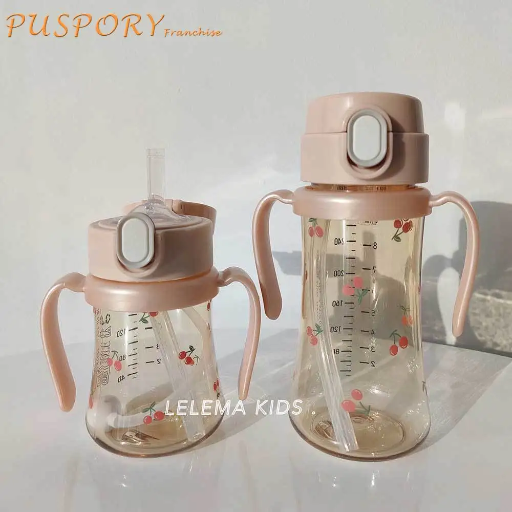 

Baby Milk Bottle Pink Cherry Cut Straw Cup Newborn Feeding Water Cups Anti-Choke With Handle Drinking Bottle Hot Sale Kid Kettle