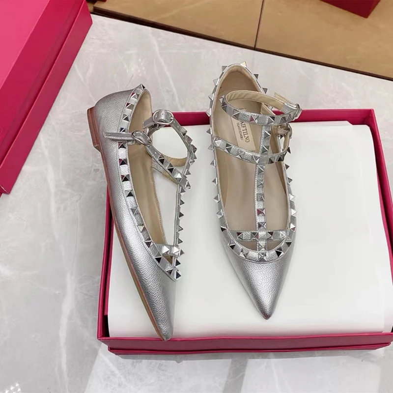 Women's Flat Shoes Luxury Brand Rivet Shoes Designer Pointed Toe Ankle Strap Ladies Casual Comfortable Flat Heel Shoes With Box