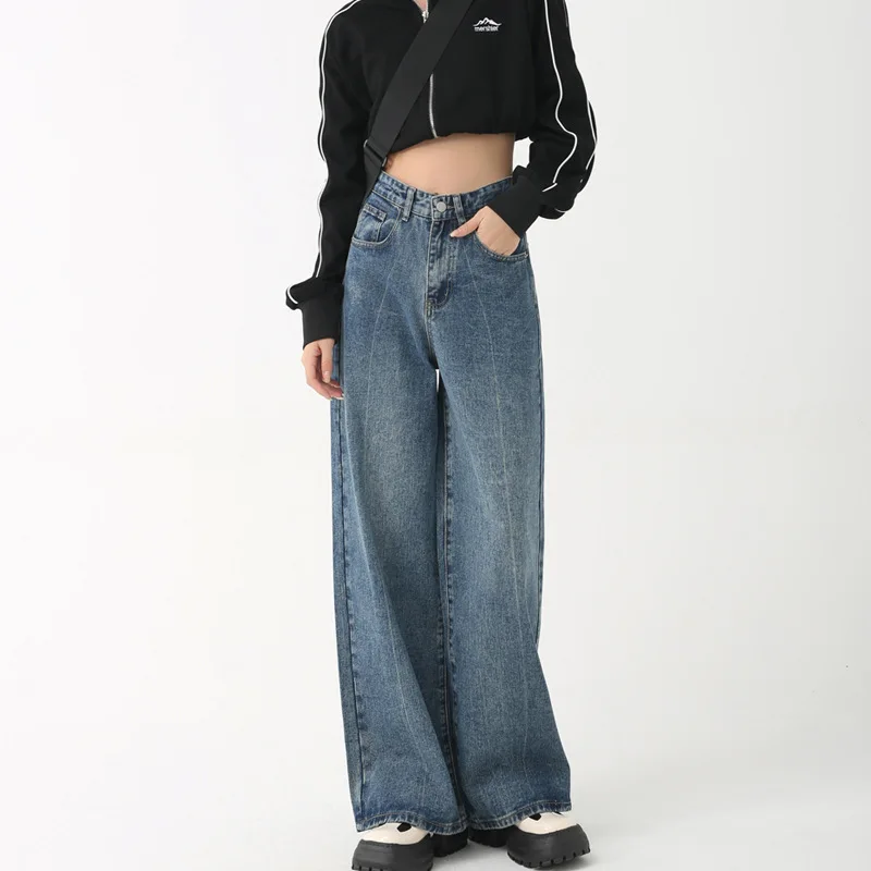 

Wide Leg Women's Jeans Fall 2022 High Waisted Slim Straight Cut Vintage Trousers with Wide Leg Floor Length Pants Retro Blue