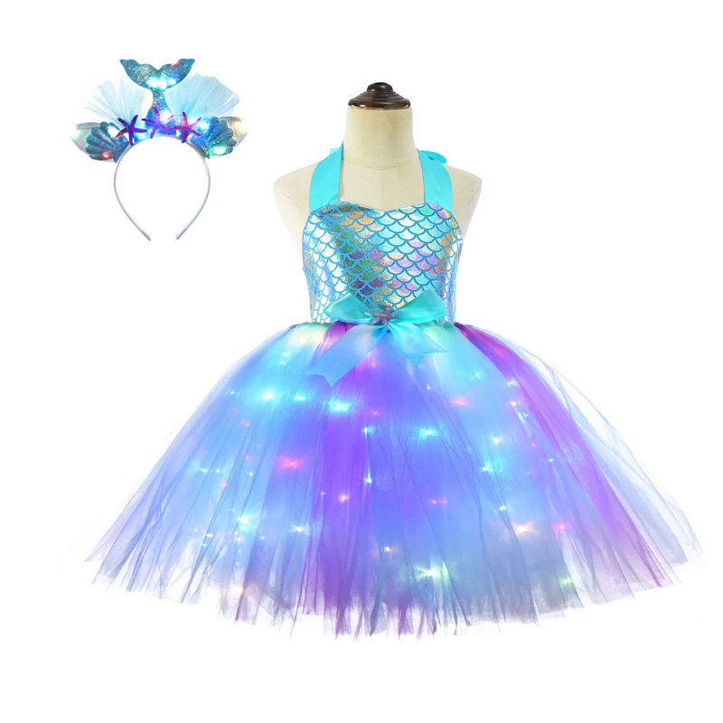 

2023 New Kids Princess Costumes Glowing Tutu Dresses for Girls Under the Sea Purple Sling Keen Length Birthday Party Dress