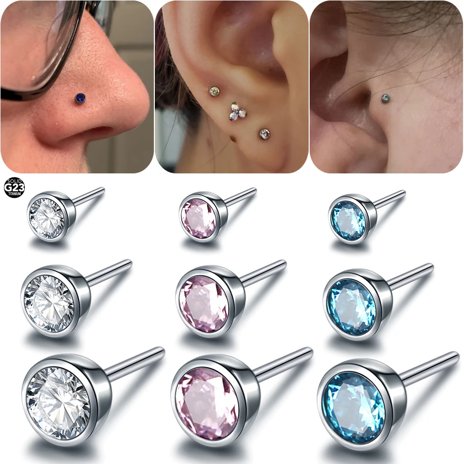 

1PC Titanium Nostril Stud Cartilage Tragus Lobe Earring Shiny Zircon Threadless Ends Push in Conch Labret Lip Medusa Piercings