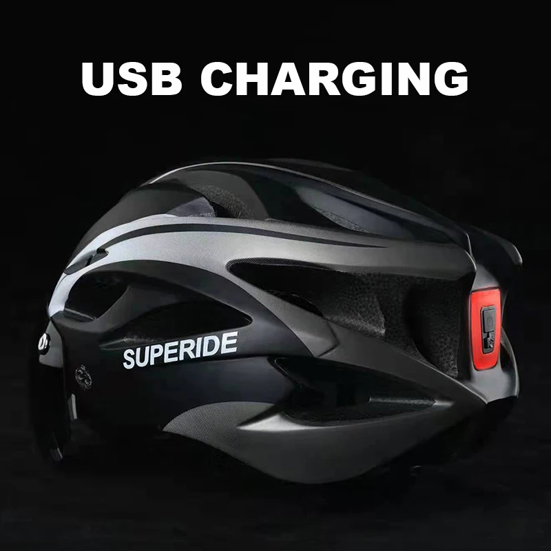 

SUPERIDE Rechargeable Road Bike Helmet Men Women Cycling Helmet with Visor & Rearlight Sports MTB Bicycle Helmet with TT Lens