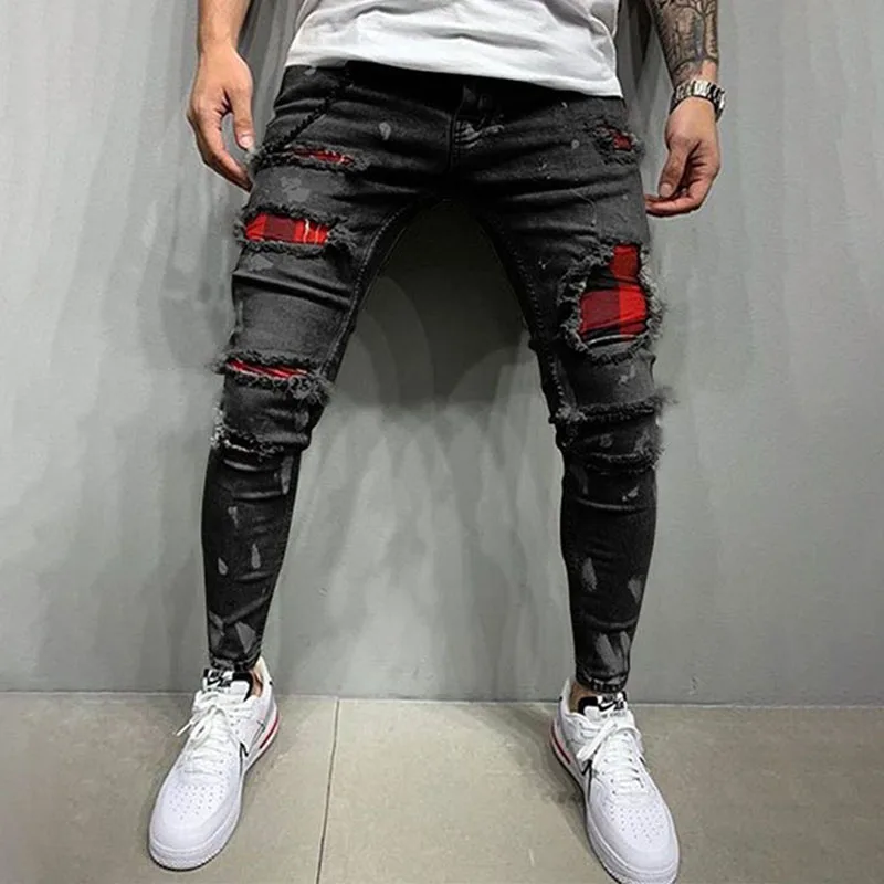 Men's Jeans Blue Fashion High Street Casual Pants Ripped Stretch Denim Trousers Fake Luxury Men's Clothing