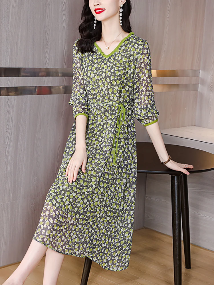 

Spring Summer Green Floral Chiffon Ruffled V-Neck Midi Dress Women Fashion Light Beach Dress 2023 Korean Elegant Bodycon Dresses