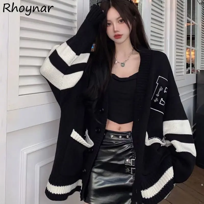 

Black Baggy Cardigan Women Preppy Panelled Girlish Big Pockets Designer Streetwear V-neck Letter Кардиган Женский Knitwear Kpop