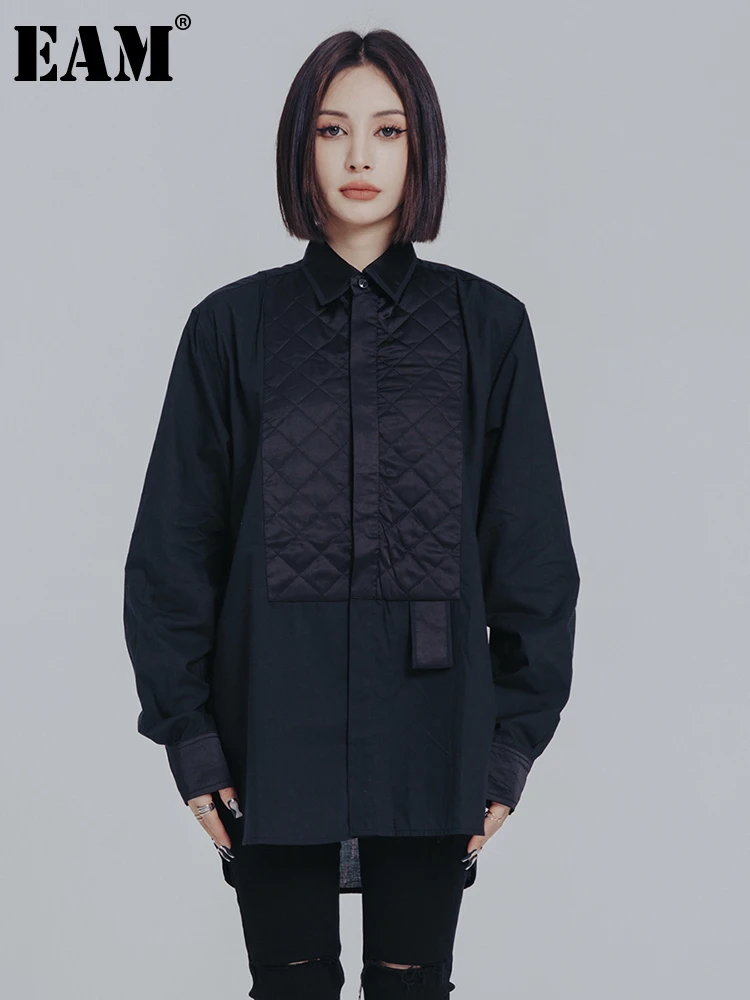 

[EAM] Women Black Padded Big Size Casual Blouse New Lapel Long Sleeve Loose Fit Shirt Fashion Tide Spring Autumn 2022 1DE7458
