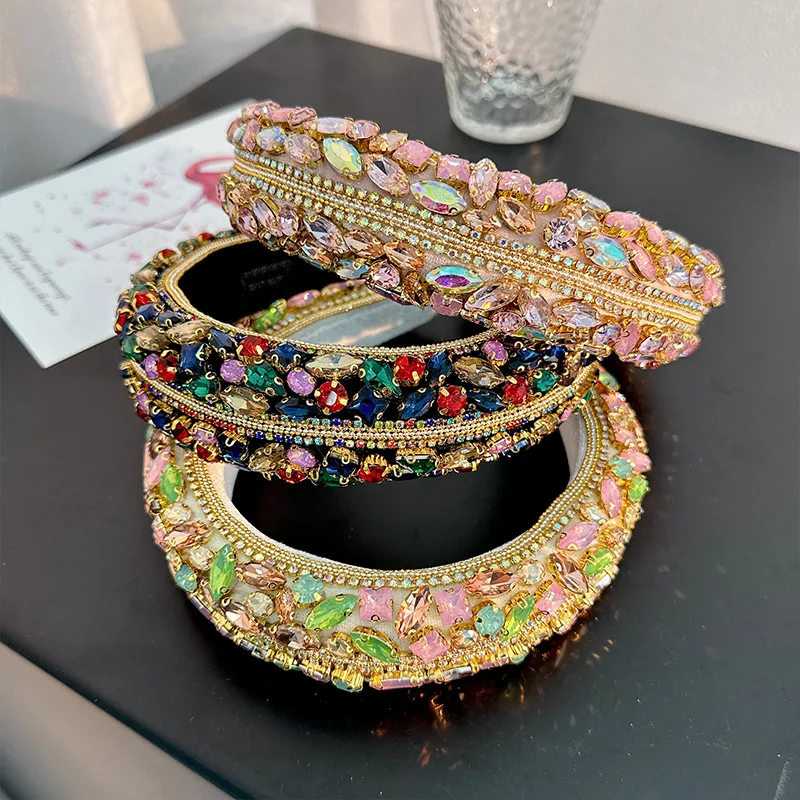 

Exaggerated Baroque Hairband Bohemian Padded Crystal Flower Crown Luxury Colorful Rhinestone Headbands for Women Wedding Party