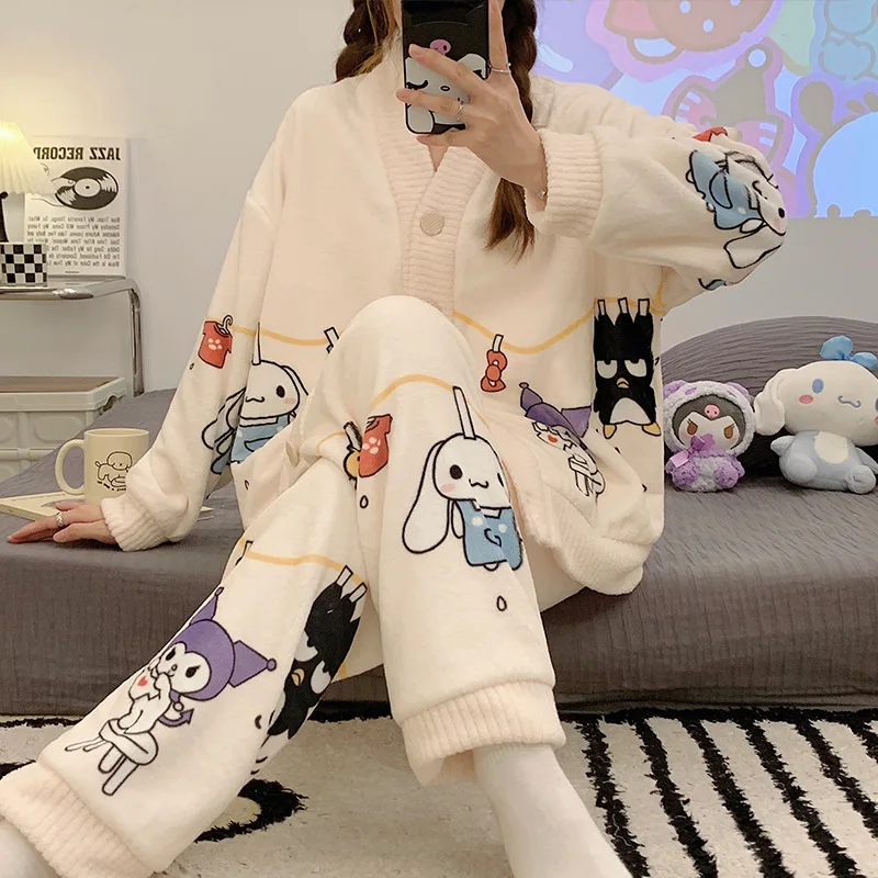 2Pcs Top Pants Autumn Winter Flannel Warm Cardigan Cartoon Pajamas Set Women Home Suit Sleepwear Fleece Velvet Thicken Nightwear