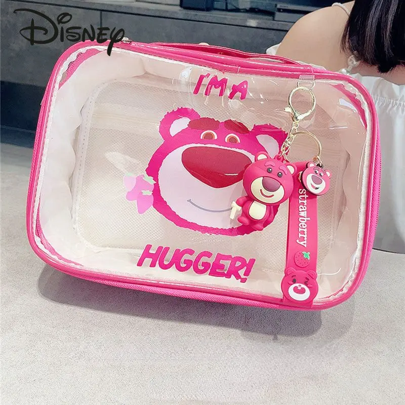 Disney Strawberry Bear New Makeup Bag Fashion High Quality Waterproof Transparent Wash Bag Multi Functional Storage Handbag