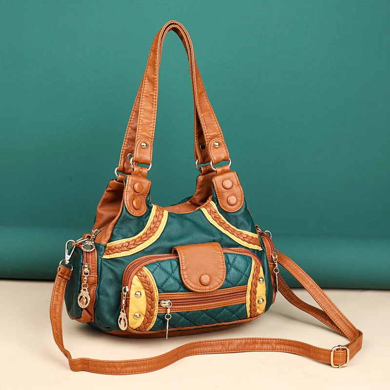 

FUNMARDI Vintage Color Blocking Totes Bag Top Handle Shoulder Bag Washed PU leather Crossbody Bag Women Design Handbag WLHB2681