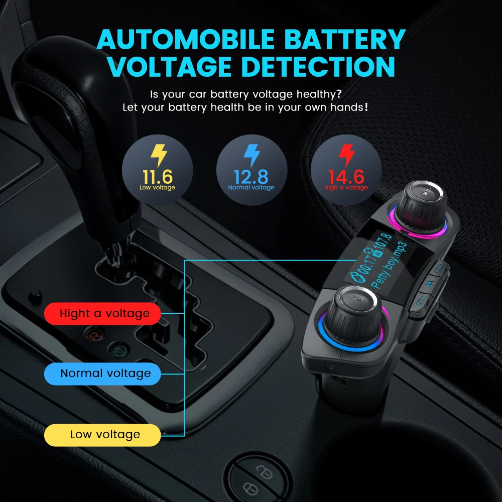 

Bluetooth FM Transmitter BT5.0 Handsfree Car Kit TF Card USB Flash Drive 3.5mm AUX Output Port Dual USB Fast Charger MP3 Player