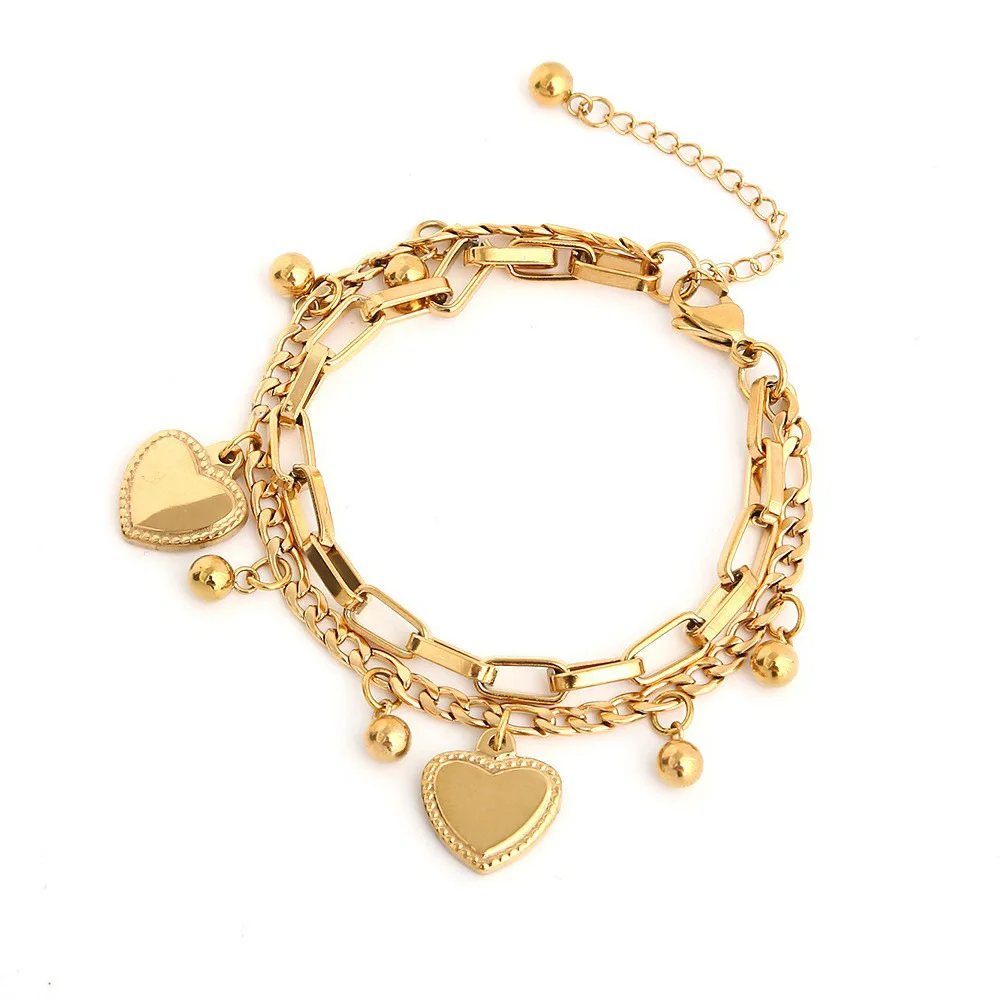 

Cool Punk Gold Alloy Metal Layer Heart Pendant Charms Women Girls Bracelet Bangle