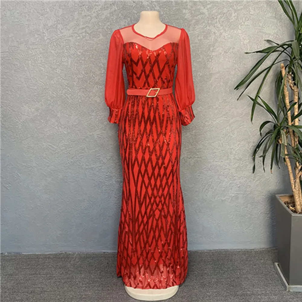 Plus Size Stretch Bright Red Sequin Evening Dress Long Sleeve Mermaid Evening Night Party Maxi Dress With Belt Haute Couture