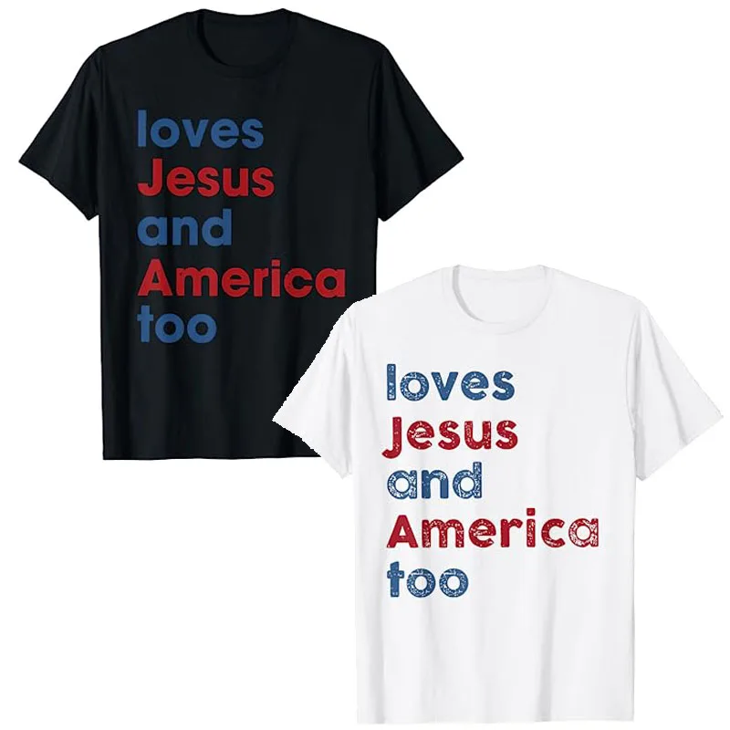 

Retro Loves Jesus and America Too God Christian 4th of July T-Shirt Independence Day American USA Proud Tee Tops Sayings Outfits