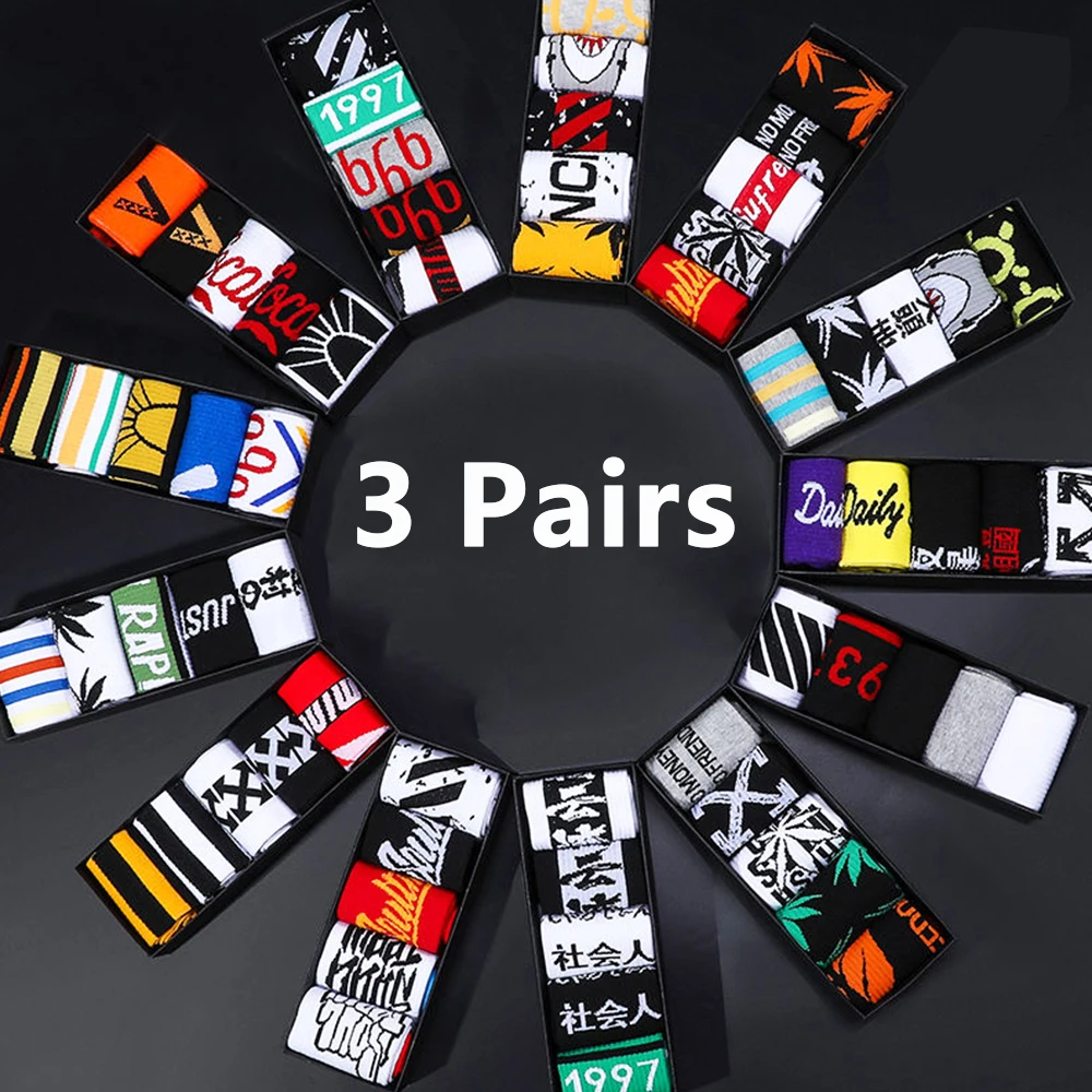 3Pairs Basketball Hip-Hop Happy Skateboard Socks Sports Crew Funny Cartoon Pattern Socks Men Fashion Harajuku Unisex Fun Socks