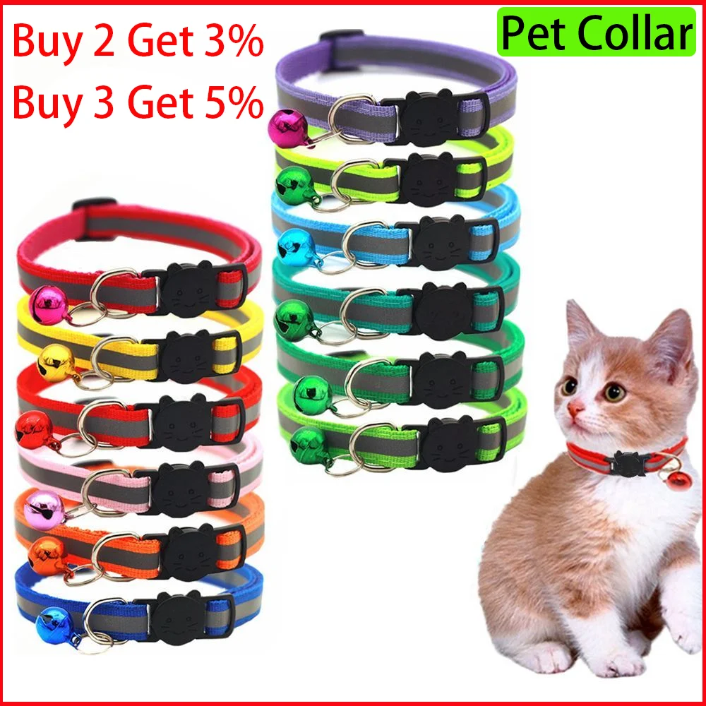 

1Pcs Pet Collar Colorful Cat Dog Collar Reflective Cat Head Safety Buckle with Bell Adjustable Collars Pet Accessories Wholesale