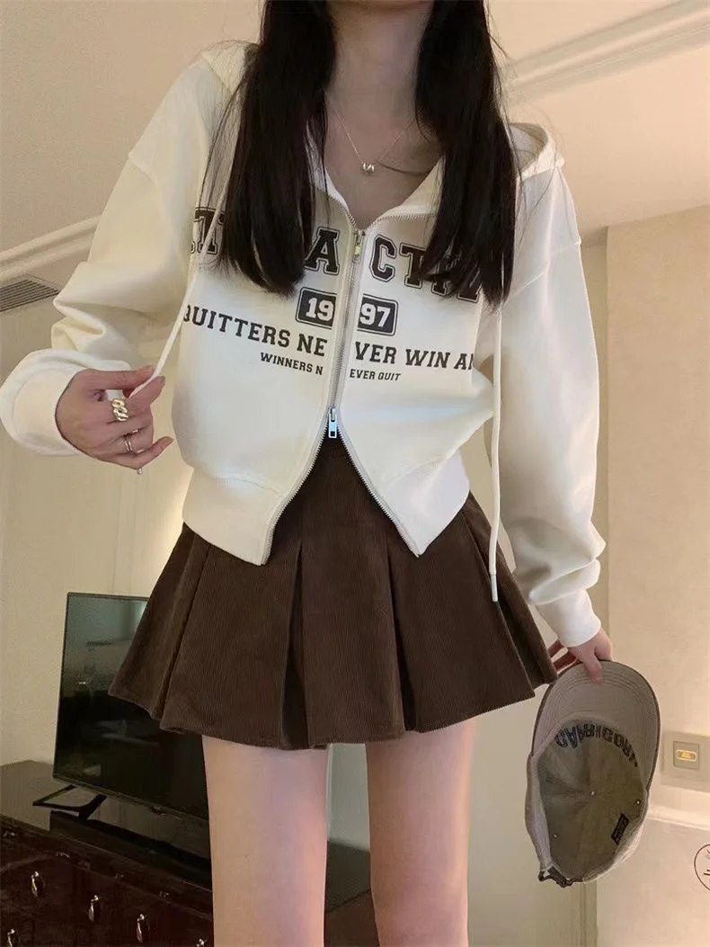 

Y2k модная уличная Короткая Толстовка С буквенным принтом, верхняя одежда, женская одежда на весну и осень, новинка, свободная, с длинным рукавом, на молнии