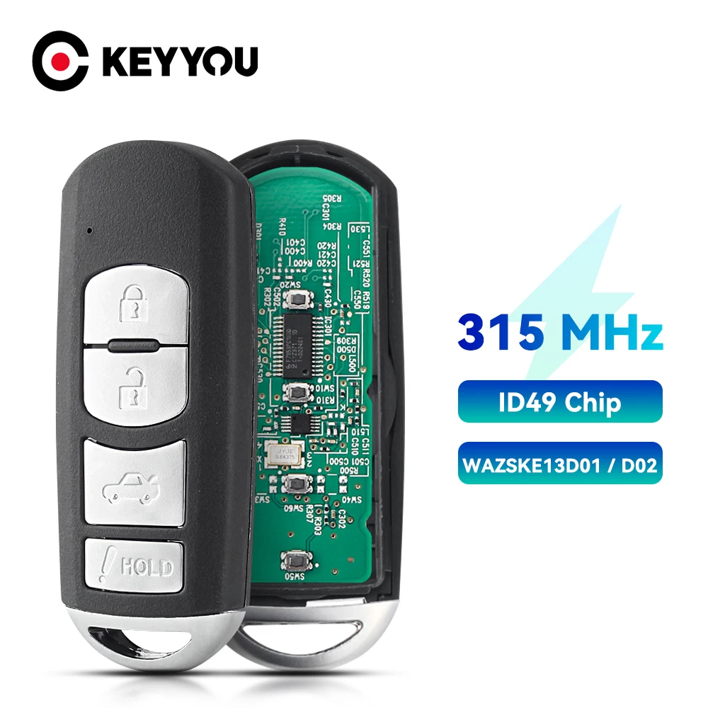 

Умный ключ KEYYOU WAZSKE13D01 WAZSKE13D02 для Mazda CX-3 3, 6 дюймов, модель 2013-2019, кнопки FSK 3/4 МГц, ID49, дистанционный ключ для автомобиля