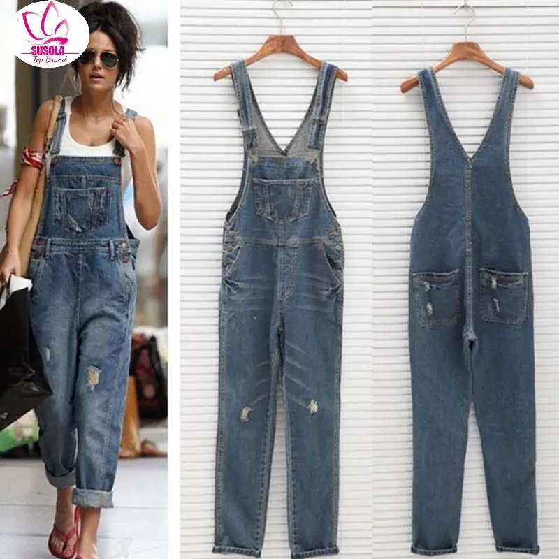 

Lady New Stylish Casual Loose Vintage Women Denim Overalls Scratched Washed Ripped Hole Girl Full Lengt Pants Female Jumpsuits