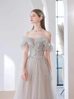 silver grey mesh evening dresses a line luxury sequin off the shoulder strapless backless for women formal graduation party gown