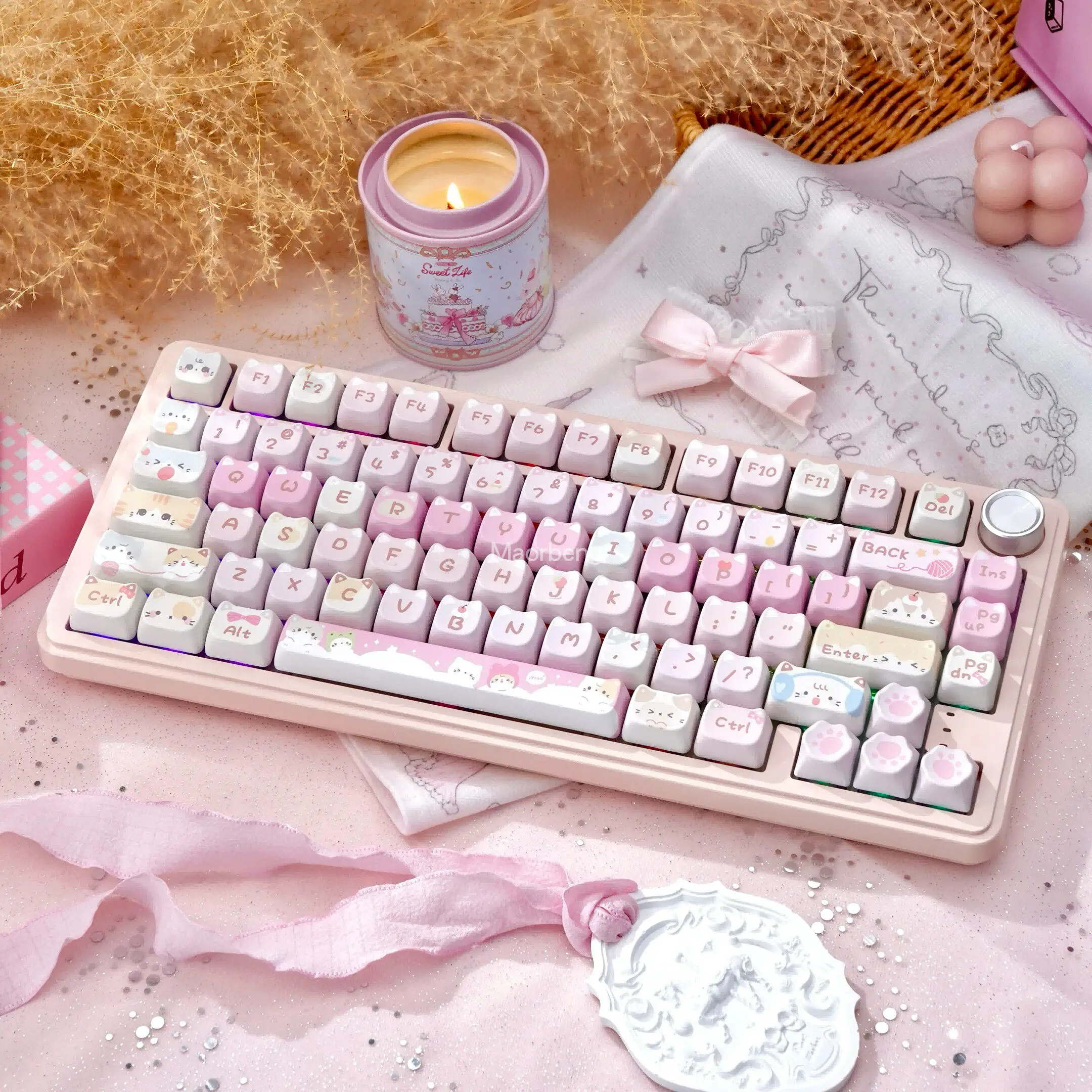 Фото Беспроводная игровая механическая клавиатура SUMREDA RS7 Cute Pink, 80% форм-фактор, Bluetooth, 2.4G, проводная, RGB, с возможностью горячей замены переключателей, для геймеров, бесконтактная №2
