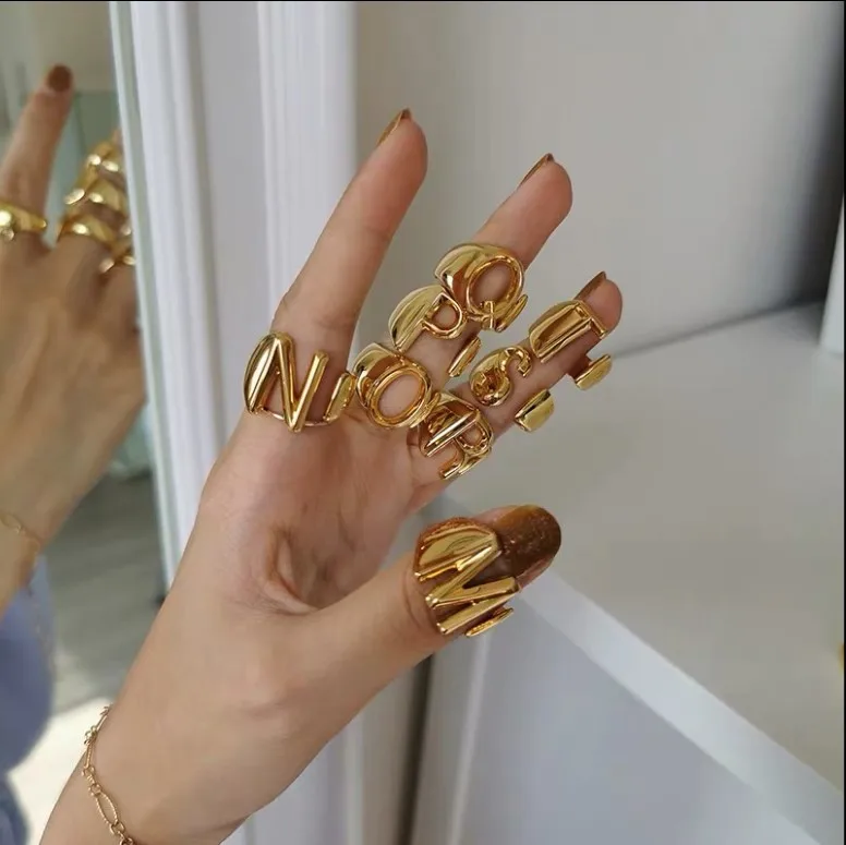 

Hot Selling Gold Plated 26 Letter English Charm Rings Personality Punk Big Letter Ring Opening Adjustable OL Rings