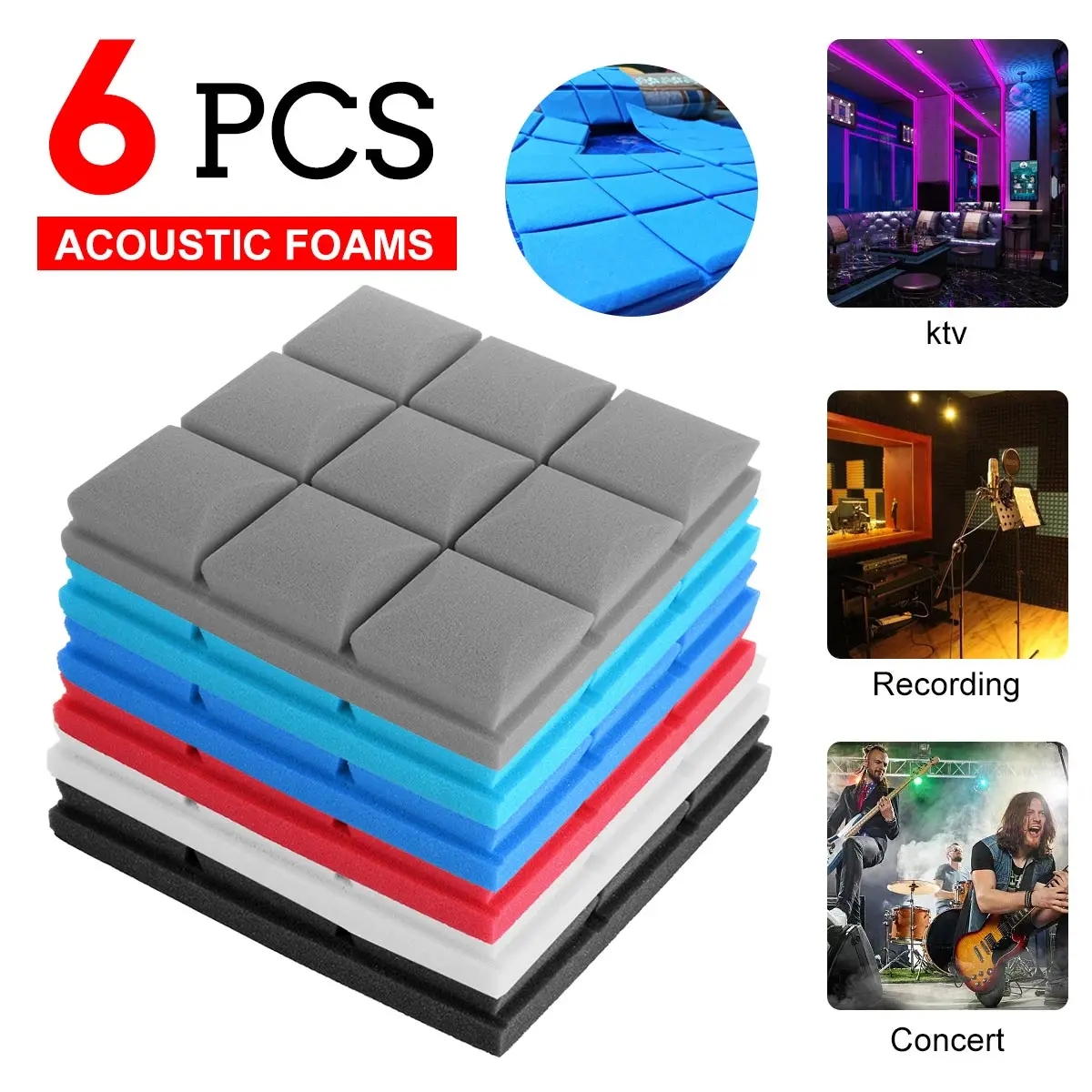 

6PCS 250x250x50mm Studio Acoustic Soundproof Foam Sound Absorption Treatment Panel Tile Wedge Protective Sponge for Home KTV