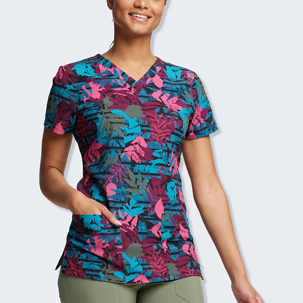 

Casual Nurse Uniform Deciduous Women's Short Sleeve Top V-neck Shirt Pocket Beauty Care Scrub Uniform Enfermera Mujer