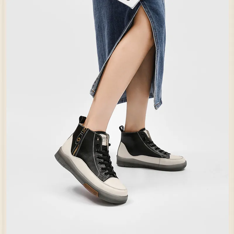 Women's Boots Genuine Leather Spring 2023 New Casual Shoes British Style High Top Board Shoes Small White Ankle Boots Women