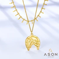 asonsteel gold color stainless steel half round shape horse head accessory multi layer chain pandent necklace for women jewelry