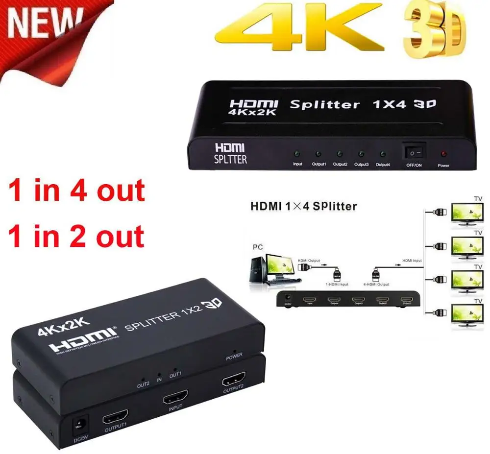 4K x 2K 1x2 HDMI сплиттер 1X4 видео преобразователь 4K 3D 1080P 60 Гц от 1 до 2 3 4 для PS3 PS4 ТВ приставки DVD компьютера ПК монитора проектора