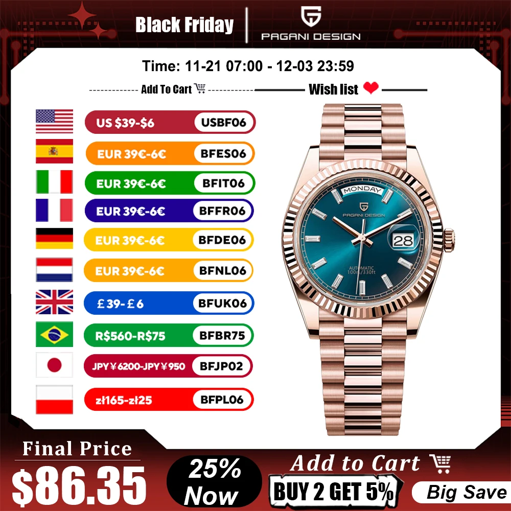 Новинка 2024 мужские часы PAGANI DESIGN DD40 розовое золото роскошные автоматические для