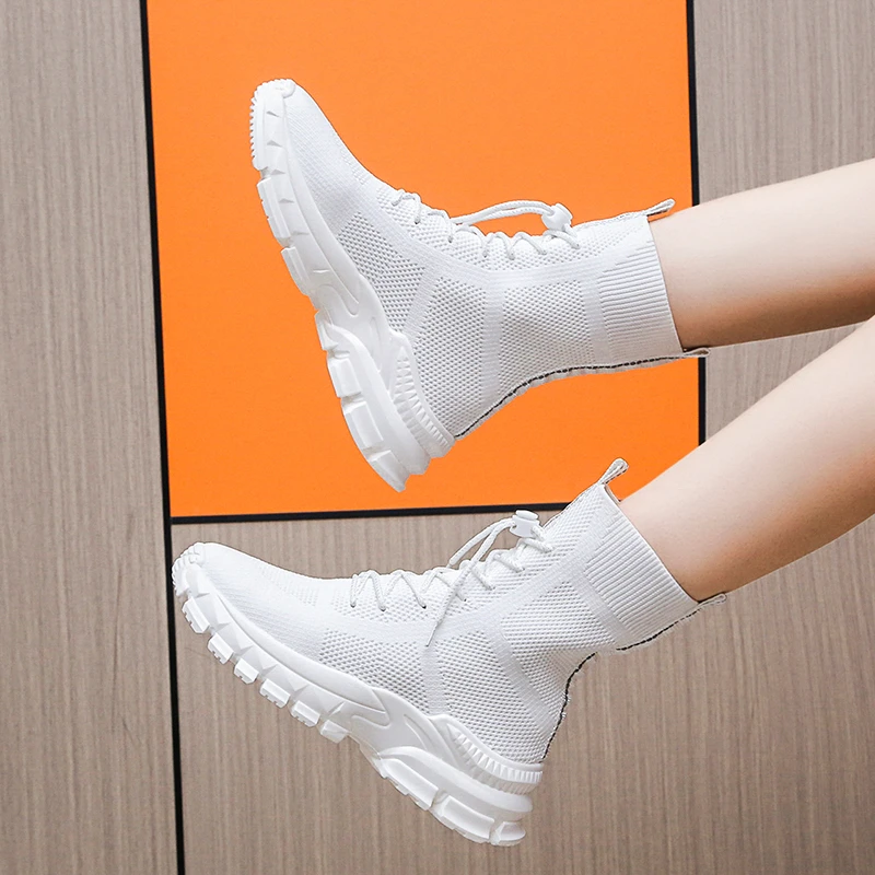 White Boots 2023 Knit Elastic Boots Women's Shoes Fashion Casual Ankle Boots Women's Fall/winter New Socks Boots Women's Shoes