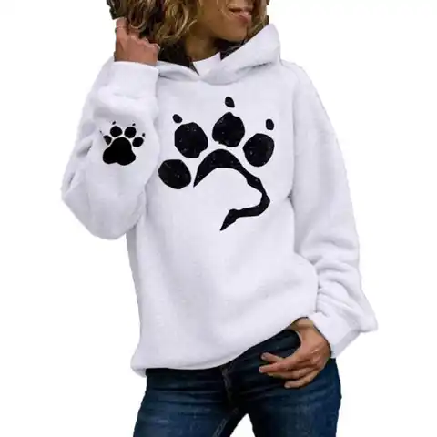 Women Hoodie Cartoon Paw Print Hooded Hat Loose Thick Cold-proof Pullover Plush Soft Spring Hoodie for Daily Wear