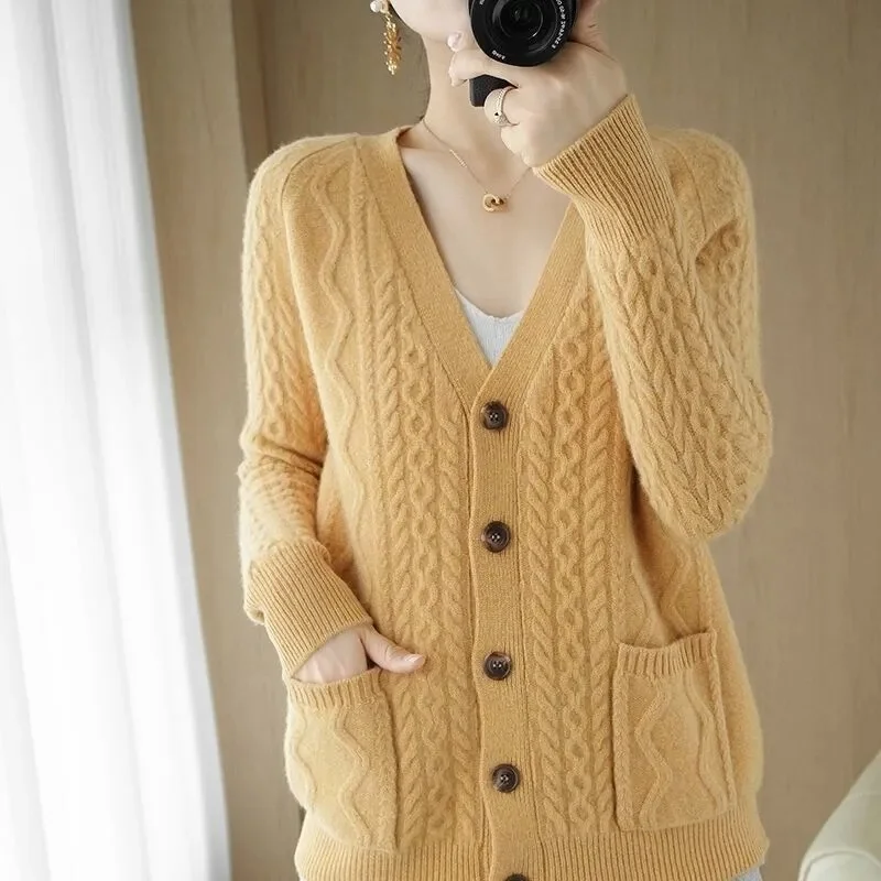 

2022 knitting Cardigan Sweaters Womens Spring Autumn Vintage Loose V Neck Solid Sweater Button Outerwear Female Clothing