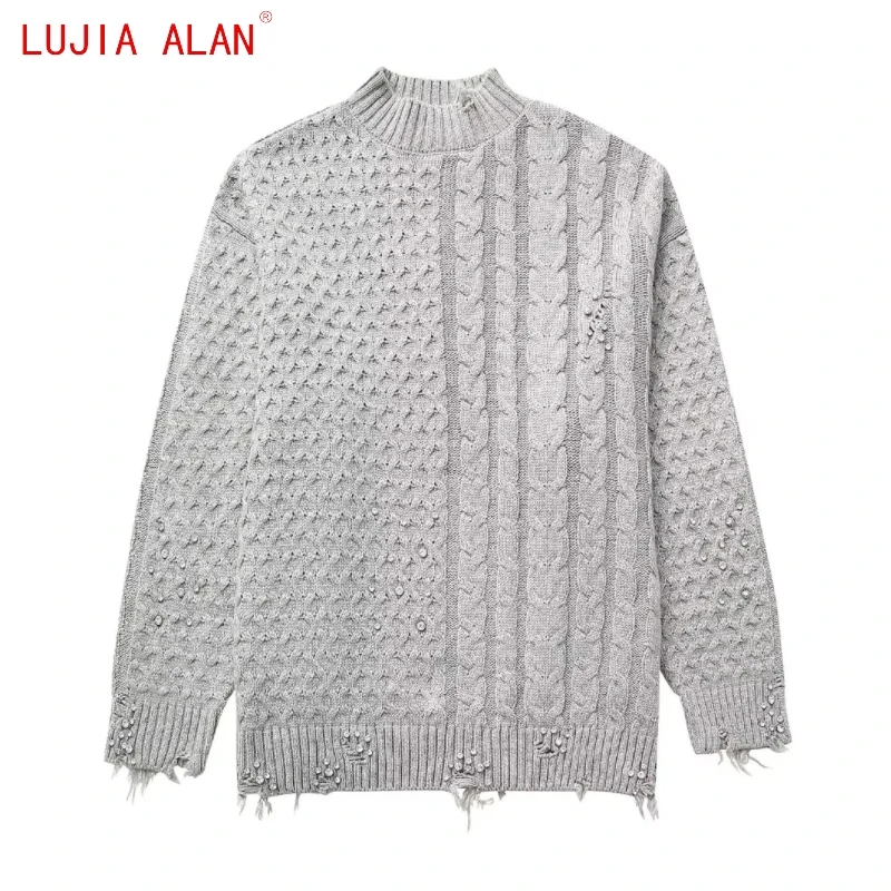 

Новый женский вязаный крючком свитер с заклепками, Женский пуловер с длинным рукавом, повседневные свободные топы, LUJIA ALAN SW2822