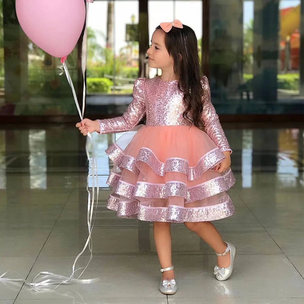

Cute Baby Girl Party Dress Pageant Gowns Pink Sequin Tiered Tulle Cupcake Dresses Flower Girl Dress