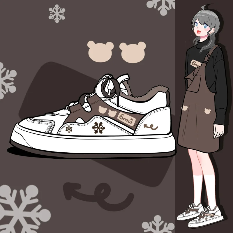 

Amy and Michael 2023 Winter Keep Warm Plush Sneakers Kawaii Girls Students Casual Flat Tennis Shoes Women Retro White Trainers