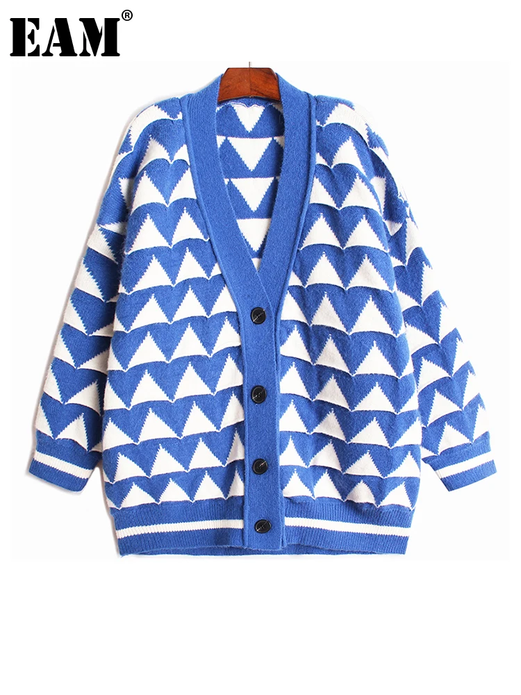 

[EAM] Pattern Big Size Knitting Cardigan Sweater Loose Fit V-Neck Long Sleeve Women New Fashion Tide Autumn Winter 2022 1DF0160