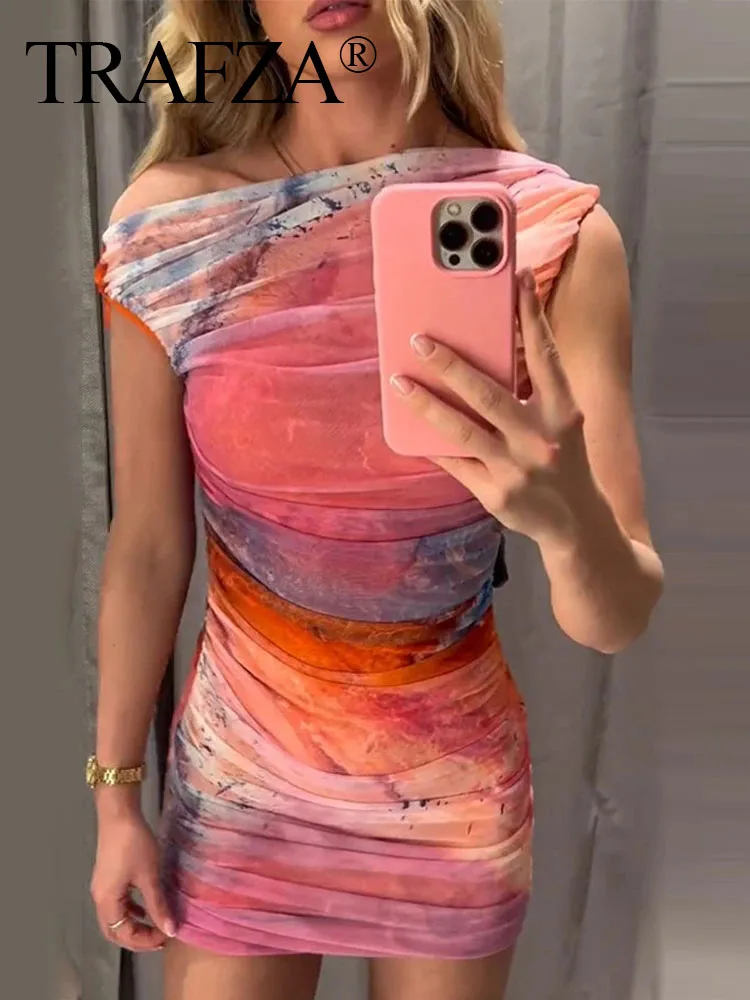 

TRAFZA Woman Fashion 2023 Summer Tie Dye Mini Dresses Sleeveless Folds Pullover Female Sweet Elegant Dress For Evening Party