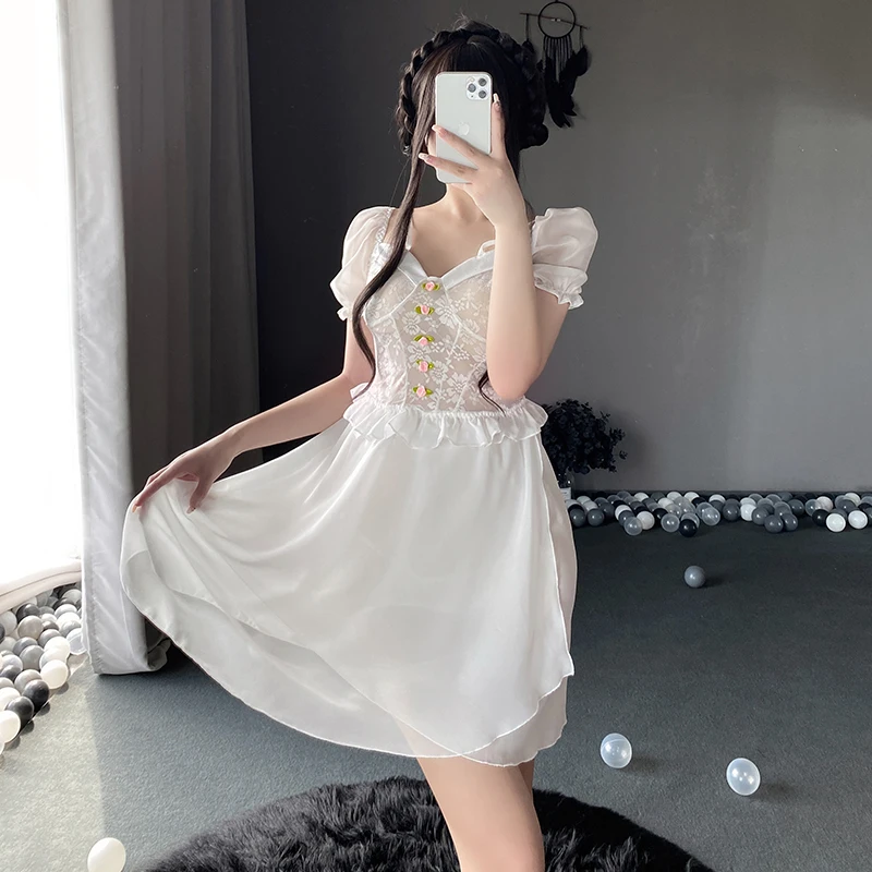 

Short Sleeve Hollow Out Fairy Dress Rose Embroidered Perspective Mesh Pajamas Korean White Lace Sexy Nightdress Vestido De Mujer