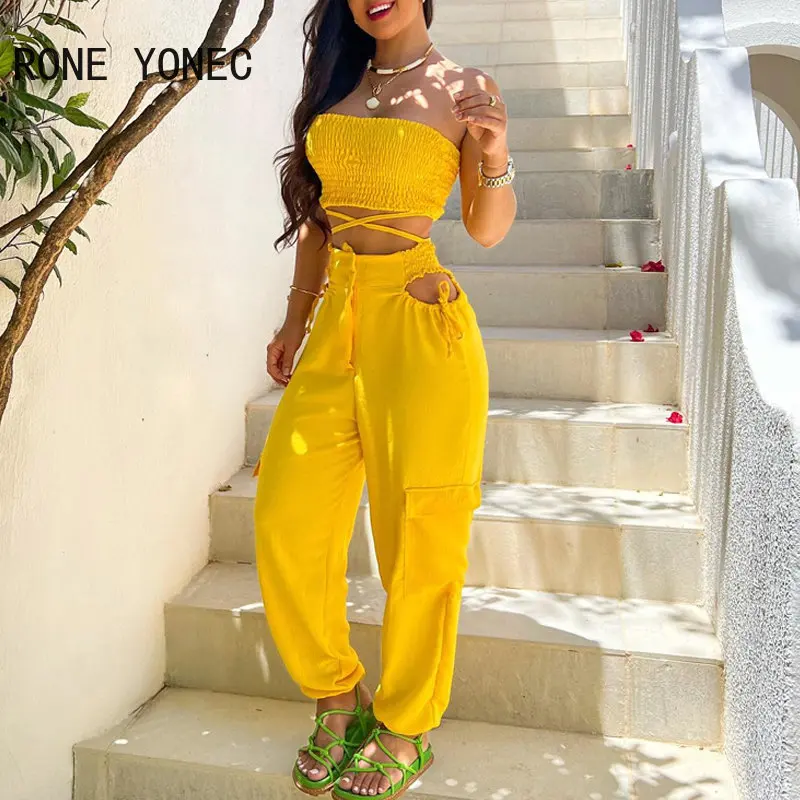 

Women Fashion Strapless Crop Top Folds Criss Cross Lace Up Hollow Out Sexy Pocket Casual Pants Sets