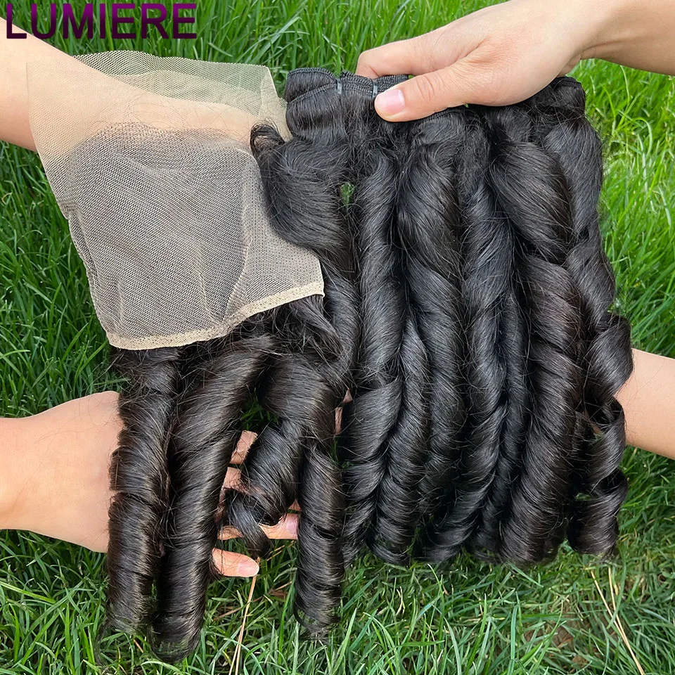 

Lumiere 8-40inches 100% Remy Peruvian Natural Black 3/4 Spring Curly Hair Bundles With 4X4 Lace Closure And 13X4 Lace Frontal