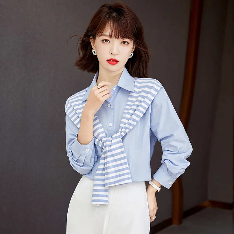 

Women Tops Fake Two Piece Splice Stripe Cape Long Sleeve Blue Shirt 2022 Autumn Elegant Vintage Loose Korean Casual Blouse D1758