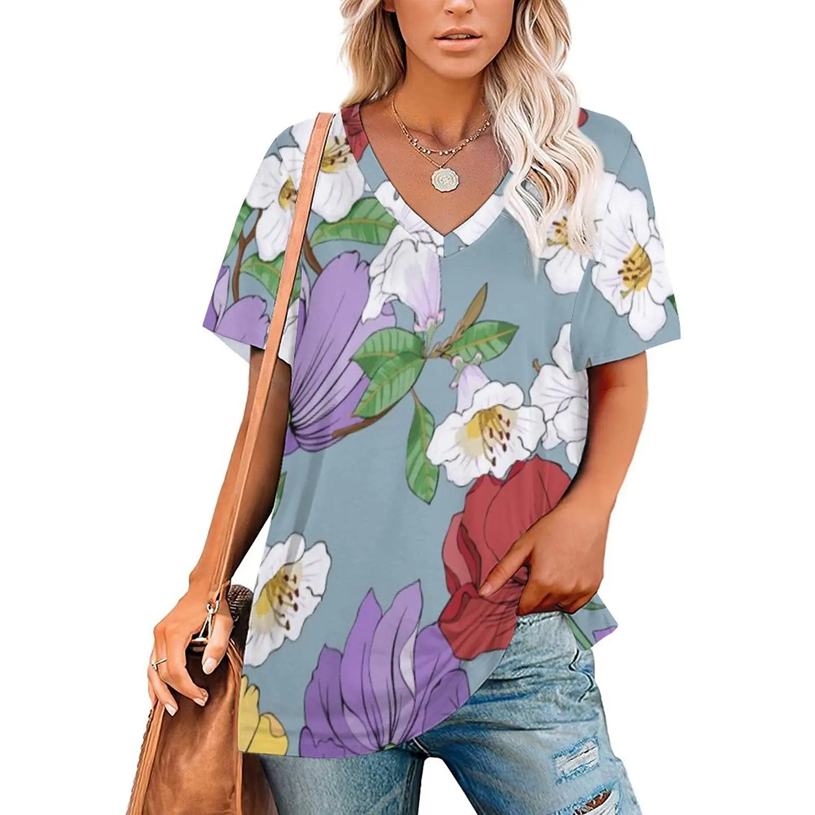 

V Neck Short-sleeve Women Shirt Printed Summer Tropical Design B 3D Print T-shirt