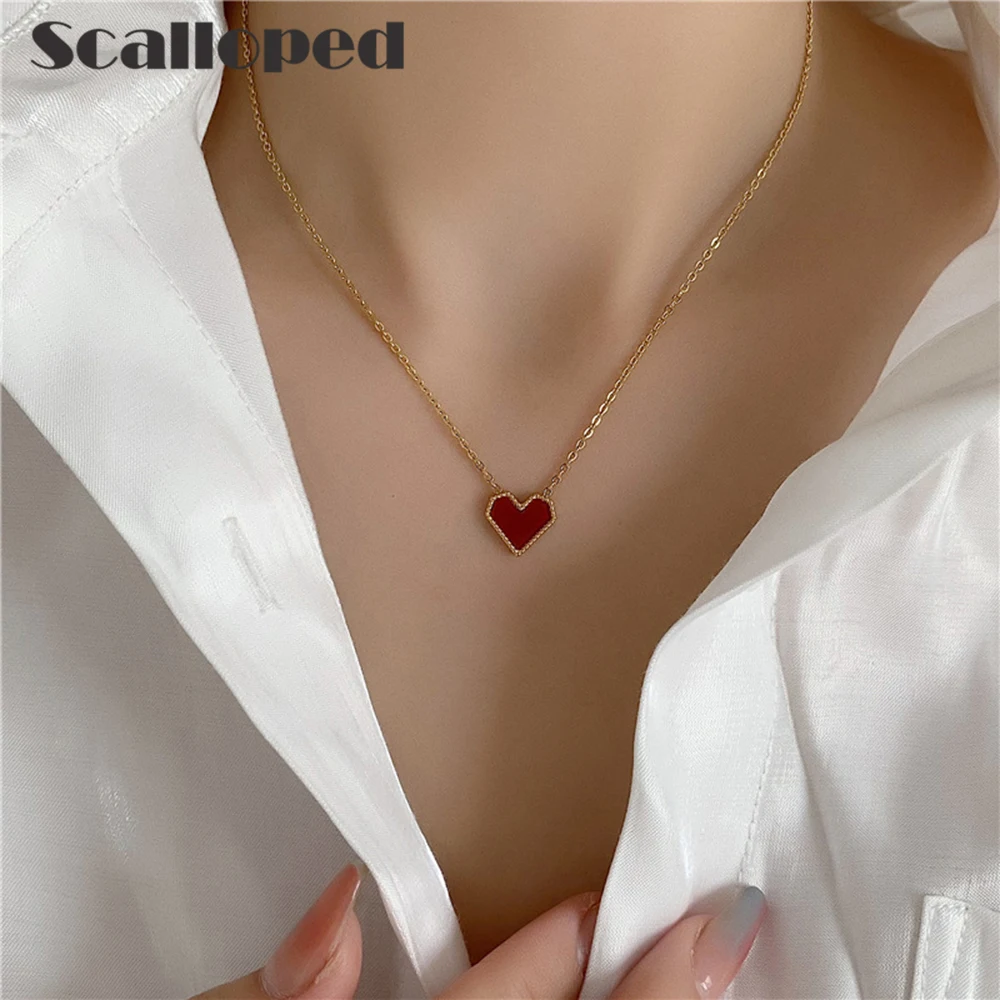 

SCALLOPED French Vintage Red Enamel Heart Necklace 18K Gold Plated Stainless Steel Clavicle Chain Women Charm Chocker Jewelry
