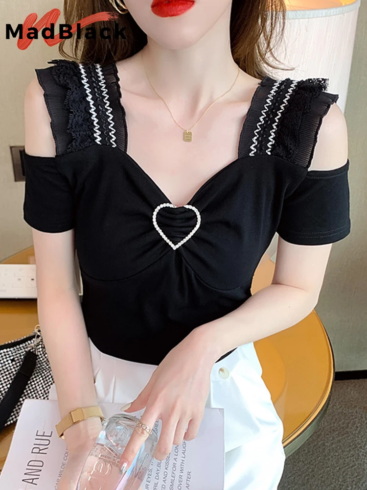 

MadBlack Summer Clothes Cotton T-Shirt Chic Sexy Off Shoulder V-Neck Patchwork Mesh Ruffles Women Tops Short Sleeve Tees T23815X