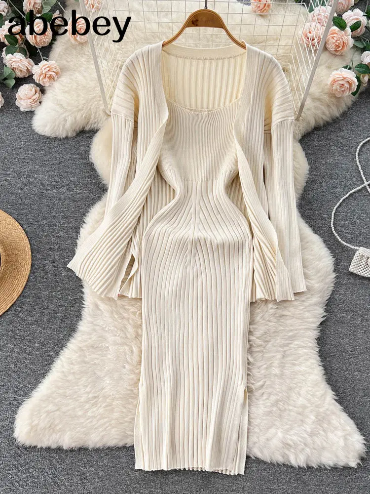 

Женский трикотажный костюм, свободный свитер с длинным рукавом и однотонное эластичное платье во французском стиле, повседневный комплект ...