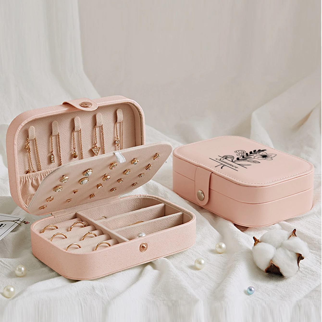 

Flower Jewelry Pink Storage Box Organizer Daisy Display Travel Jewelry Case Boxes Leather Earrings Necklace Ring Organizer